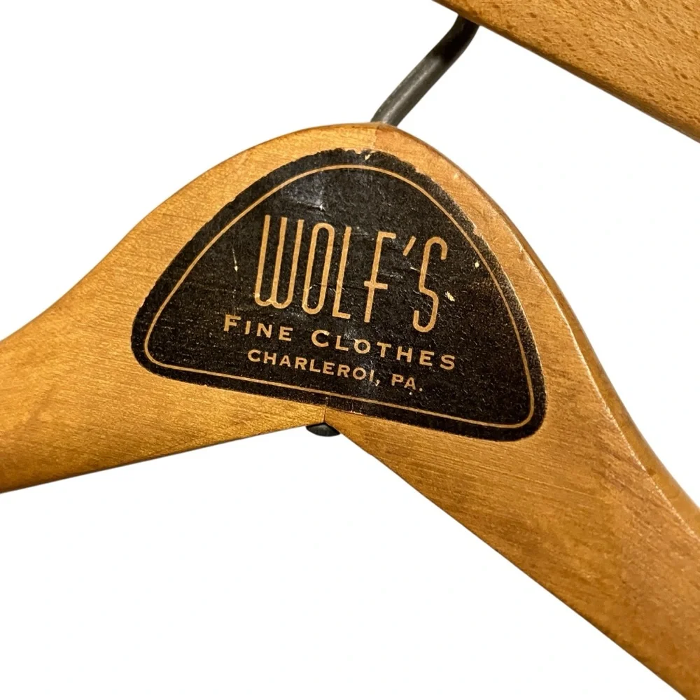 Vintage Wolf's Fine Clothes Charleroi Pa Advertising Wooden MCM Suit Hangers